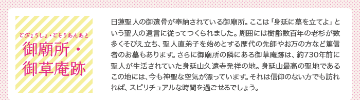 御廟所・御草庵跡（ごびょうしょ・ごそうあんあと）：日蓮聖人の御遺骨が奉納されている御廟所。ここは「身延に墓を立てよ」という聖人の遺言に従ってつくられました。周囲には樹齢数百年の老杉が数多くそびえ立ち、聖人直弟子を始めとする歴代の先生やお万の方などのお墓もあります。さらに御廟所の隣にある御草庵跡は、約730年前に聖人が生活されていた身延山久遠寺発祥の地。信仰への強い想いが宿るこの地には、今も神聖な空気が漂っています。それは信仰のない方でも訪れれば、スピリチュアルな時間を過ごせるでしょう。