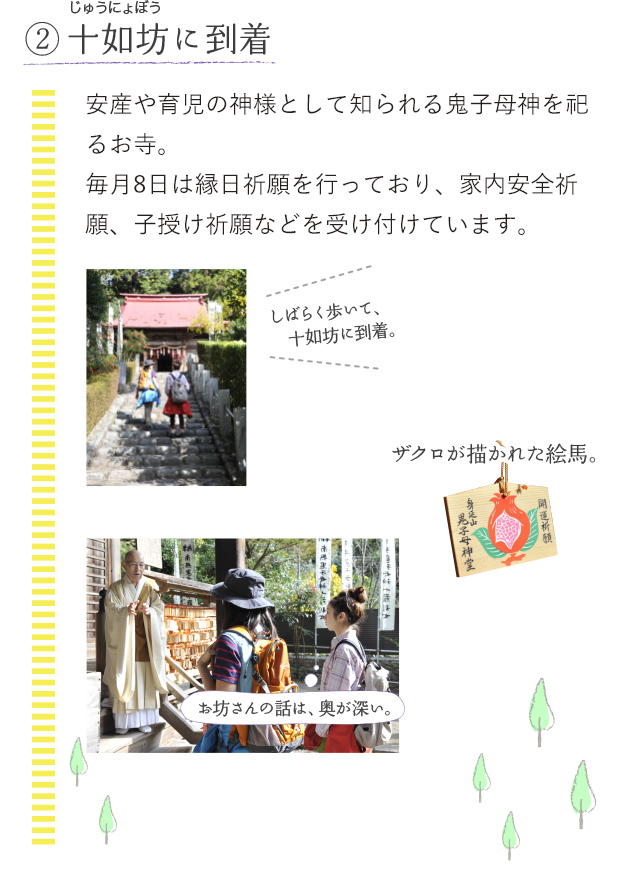 2.十如坊(じゅうにょぼう)に到着 安産や育児の神様として知られる鬼子母神を祀るお寺。毎月8日は縁日祈願を行っており、家内安全祈願、子授け祈願などを受け付けています。しばらく歩いて、十如坊に到着。ザクロが描かれた絵馬 お坊さんの話は、奥が深い。