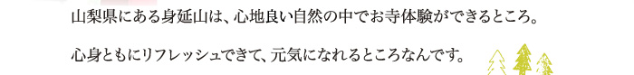 山梨県にある身延山は、心地良い自然の中でお寺体験ができるところ。心身ともにリフレッシュできて、元気になれるところなんです。